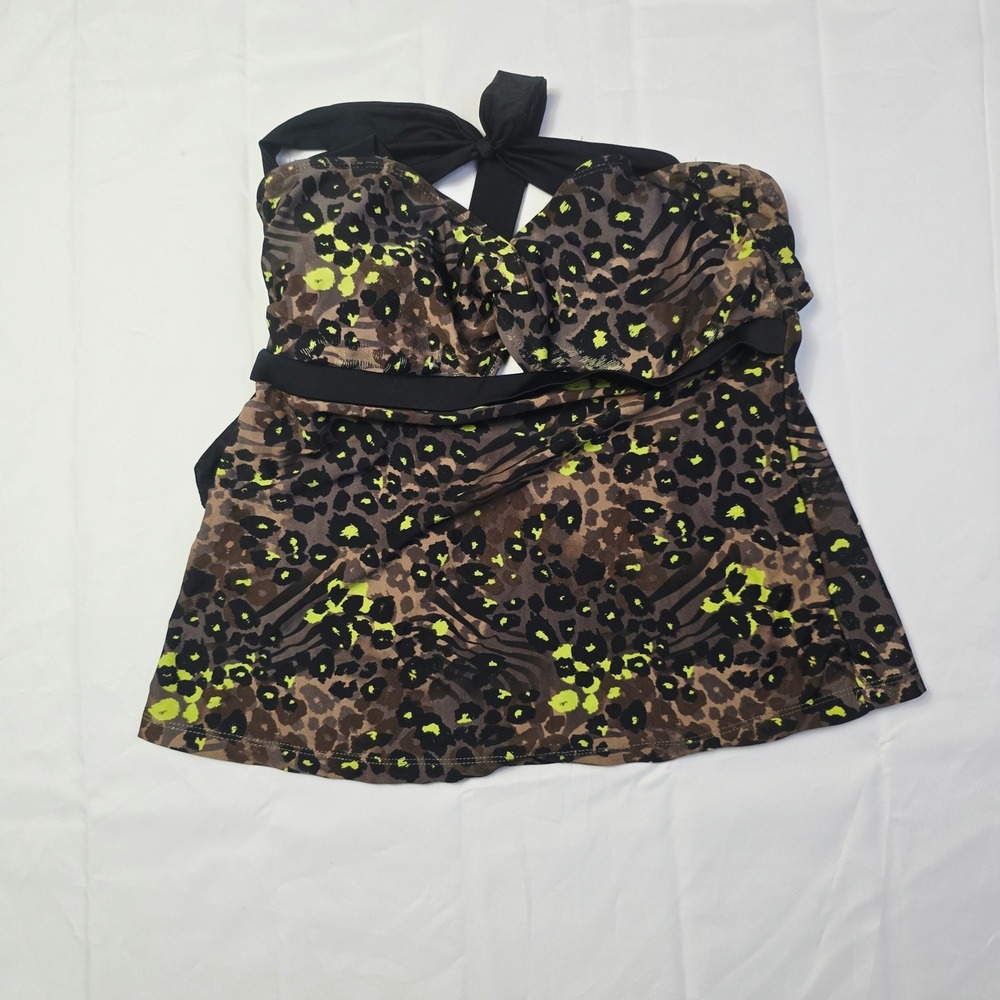 Women's Animal Print Tankini Top M (8-10) Brown Green Leopard Halter Swimwear G8